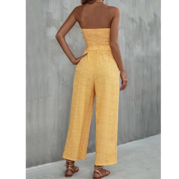 Yellow Boho Womens Allover Print Pocket Side Belted Tube Jumpsuit - Picture 3 of 9